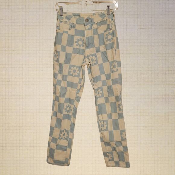 Checkered Floral Straight Leg Jeans PacSun Baby Blue Off White 24x28 Cotton - Picture 1 of 8